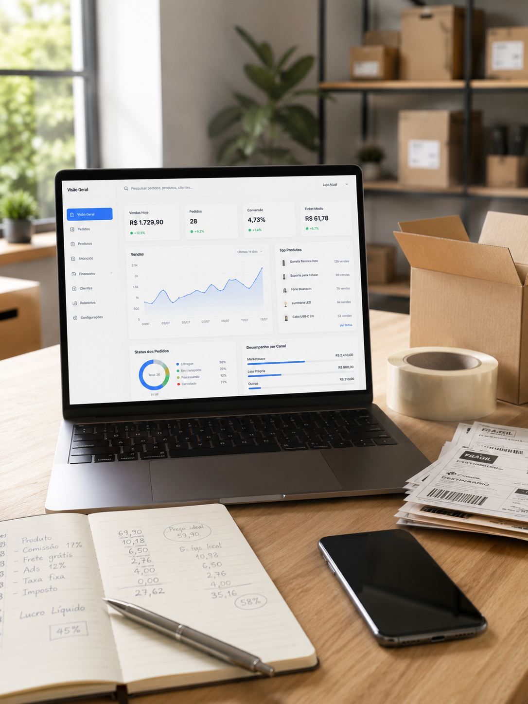 Ambiente de trabalho real de um vendedor de marketplace, com notebook exibindo o Valtro Pricing, caderno de cálculos, caixas e etiquetas de envio.