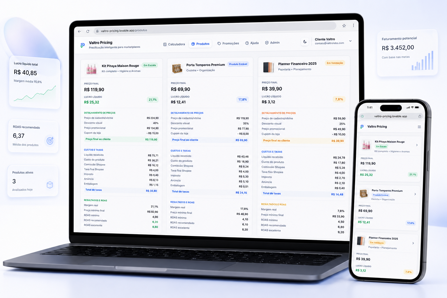Interface do Valtro Pricing mostrando a gestão inteligente de produtos, margens, lucro e estratégias de precificação.